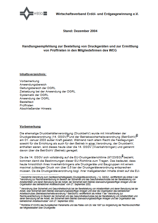 WEG Empfehlung zur EU-Druckgeräterichtlinie (DGRL)