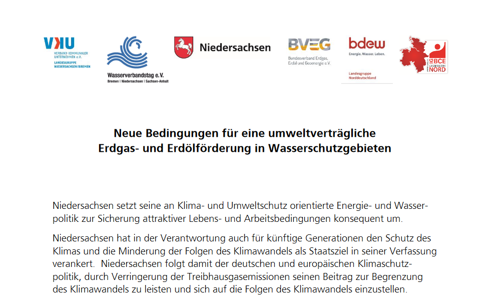 Vereinbarung zur Erdöl- und Erdgasförderung in Wasserschutzgebieten