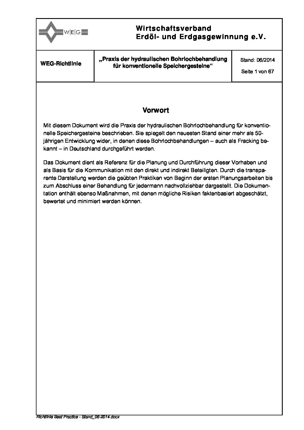 WEG Richtlinie Praxis der hydraulischen Bohrlochbehandlung für konventionelle Speichergesteine