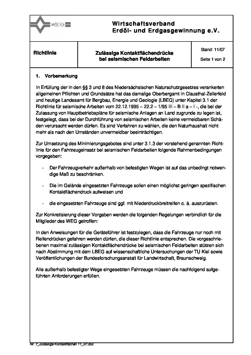 WEG Richtlinie Zulässige Kontaktflächendrücke bei seismischen Feldarbeiten